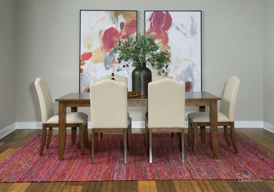 The appearance of The Nook Maple 80" Dining Room Set designed by Kincaid in the transitional interior design. This brown piece of furniture  was selected by 1StopBedrooms from The Nook Collection to add a touch of cosiness and style into your home. Sku: 664-761;664-622. Table Base Style: Legs. Material: Wood. Product Type: Dining Room Set. Table Top Shape: Rectangular. Image1