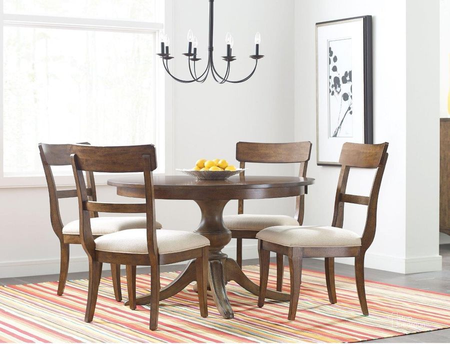 The appearance of The Nook Maple Wood 54" Dining Room Set designed by Kincaid in the transitional interior design. This brown piece of furniture  was selected by 1StopBedrooms from The Nook Collection to add a touch of cosiness and style into your home. Sku: 664-54WP;664-622. Table Base Style: Pedestal. Table Top Shape: Round. Material: Metal. Product Type: Dining Room Set. Image1