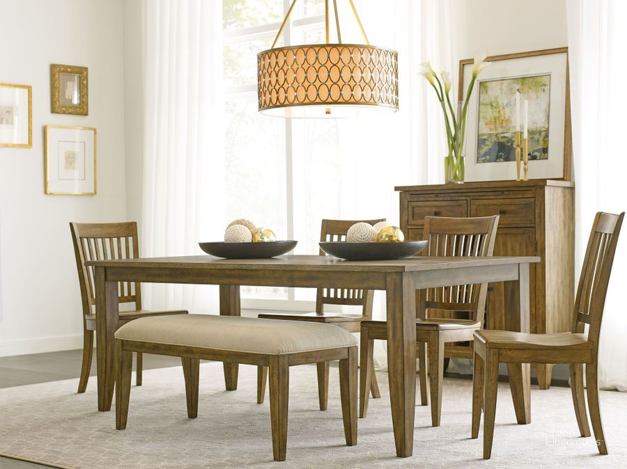 The appearance of The Nook Oak 80" Rectangular Dining Room Set designed by Kincaid in the transitional interior design. This brown piece of furniture  was selected by 1StopBedrooms from The Nook Collection to add a touch of cosiness and style into your home. Sku: 663-761;663-622. Table Base Style: Legs. Material: Wood. Product Type: Dining Room Set. Table Top Shape: Rectangular. Image1