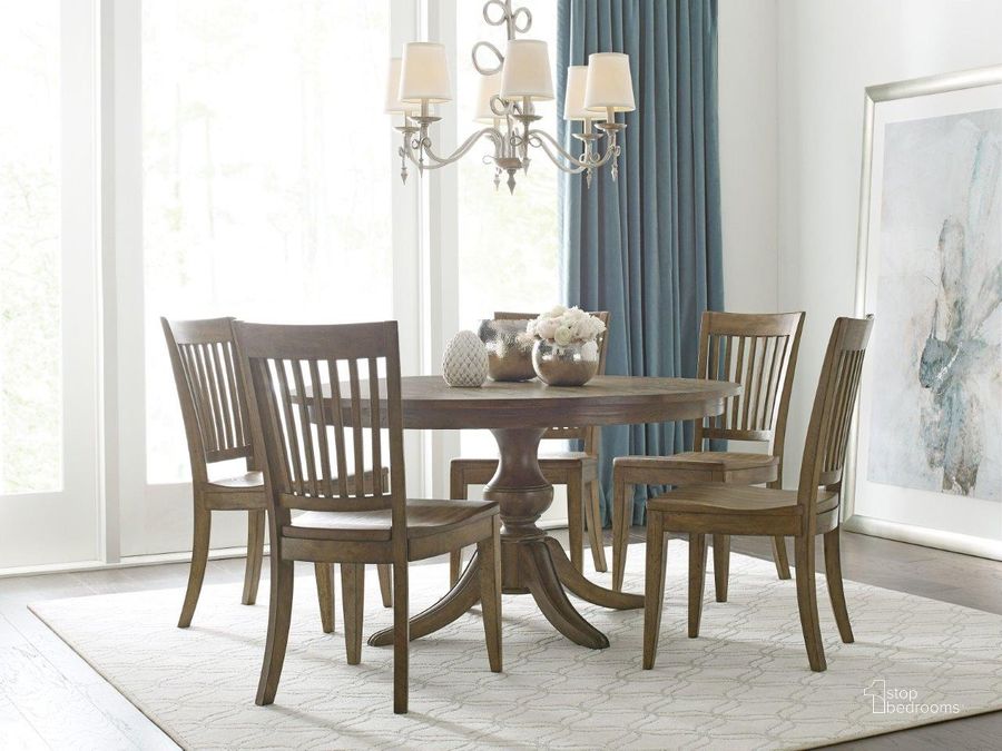 The appearance of The Nook Oak Wood 54 Inch Dining Room Set designed by Kincaid in the transitional interior design. This brown piece of furniture  was selected by 1StopBedrooms from The Nook Collection to add a touch of cosiness and style into your home. Sku: 663-54WP;663-622. Table Base Style: Pedestal. Table Top Shape: Round. Material: Wood. Product Type: Dining Room Set. Image1