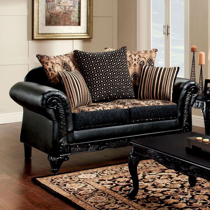 The appearance of Theodora Loveseat In Black And Tan designed by Furniture of America in the traditional interior design. This black and tan piece of furniture  was selected by 1StopBedrooms from Theodora Collection to add a touch of cosiness and style into your home. Sku: SM7505N-LV. Material: Wood. Product Type: Loveseat.
