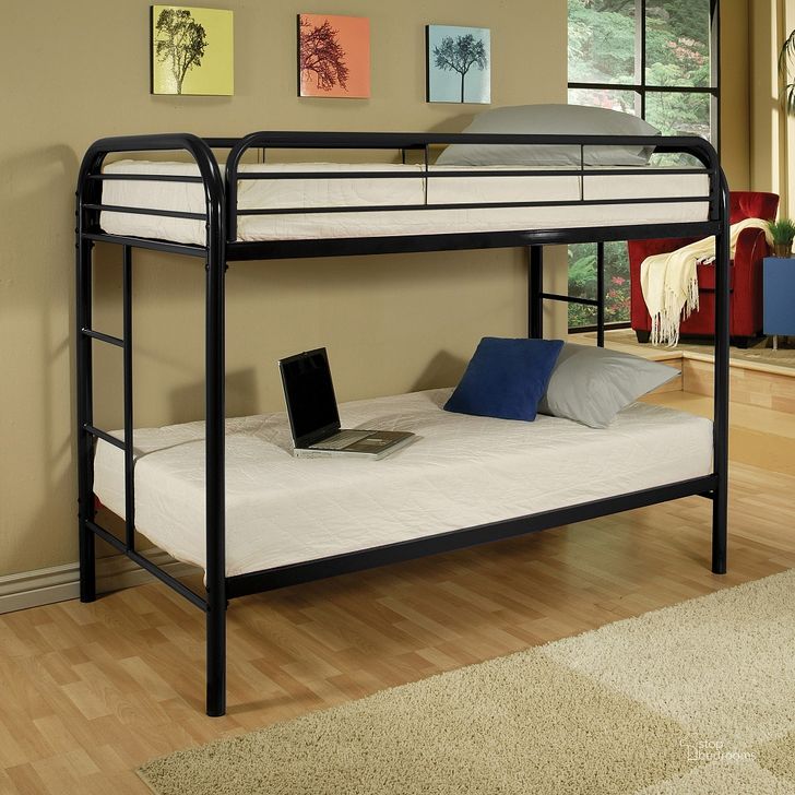 The appearance of Thomas Black Twin Over Twin Metal Bunk Bed designed by ACME in the transitional interior design. This black piece of furniture  was selected by 1StopBedrooms from Thomas Collection to add a touch of cosiness and style into your home. Sku: 02188BK. Bed Type: Bunk Bed. Material: Metal. Product Type: Bunk Bed. Bed Size: Twin Over Twin. Image1