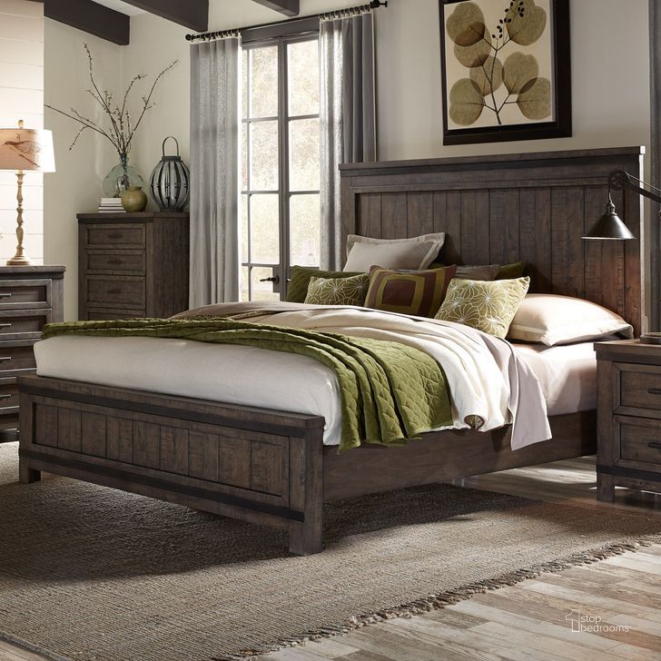The appearance of Thornwood Hills California King Panel Bed In Rock Beaten Brown With Saw Cuts designed by Liberty in the rustic / southwestern interior design. This gray piece of furniture  was selected by 1StopBedrooms from Thornwood Hills Collection to add a touch of cosiness and style into your home. Sku: 759-BR15;759-BR16;759-BR90C. Bed Type: Panel Bed. Product Type: Panel Bed. Bed Size: California King. Material: Rubberwood. Image1
