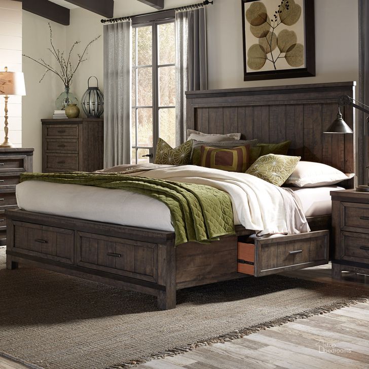 The appearance of Thornwood Hills Rock Beaten Gray King Two Sided Panel Storage Bed designed by Liberty in the rustic / southwestern interior design. This brown piece of furniture  was selected by 1StopBedrooms from Thornwood Hills Collection to add a touch of cosiness and style into your home. Sku: 759-BR15;759-BR16FS;759-BR90SR;759-BR90SR. Bed Type: Storage Bed. Product Type: Storage Bed. Bed Size: King. Material: Rubberwood. Image1