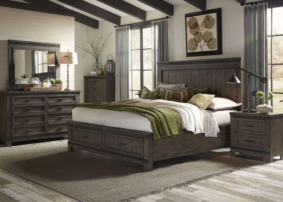 The appearance of Thornwood Hills Rock Beaten Gray Panel Storage Bedroom Set designed by Liberty in the transitional interior design. This brown piece of furniture  was selected by 1StopBedrooms from Thornwood Hills Collection to add a touch of cosiness and style into your home. Sku: 759-BR13;759-BR14FS;759-BR90RSP;759-BR61. Bed Type: Storage Bed. Material: Wood. Product Type: Storage Bed. Bed Size: Queen. Image1
