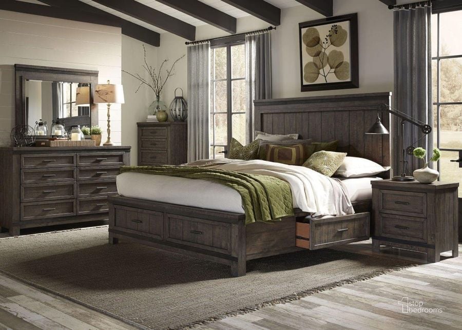 The appearance of Thornwood Hills Rock Beaten Gray Two Sided Panel Storage Bedroom Set designed by Liberty in the transitional interior design. This brown piece of furniture  was selected by 1StopBedrooms from Thornwood Hills Collection to add a touch of cosiness and style into your home. Sku: 759-BR13;759-BR14FS;759-BR90SR;759-BR90SR;759-BR61. Bed Type: Storage Bed. Material: Wood. Product Type: Storage Bed. Bed Size: Queen. Image1