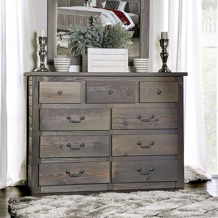 The appearance of Tigervale Gray Dresser designed by Leisure Living in the rustic / southwestern interior design. This gray piece of furniture  was selected by 1StopBedrooms from Tigervale Collection to add a touch of cosiness and style into your home. Sku: AM7973D. Product Type: Dresser. Material: Pine. Image1