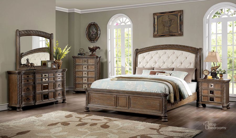 The appearance of Timandra Queen Bed In Beige and Rustic Natural Tone designed by Furniture of America in the transitional interior design. This beige and natural piece of furniture  was selected by 1StopBedrooms from Timandra Collection to add a touch of cosiness and style into your home. Sku: CM7145Q-HB;CM7145Q-FB;CM7145Q-R. Bed Type: Panel Bed. Material: Wood. Product Type: Panel Bed. Bed Size: Queen. Image1