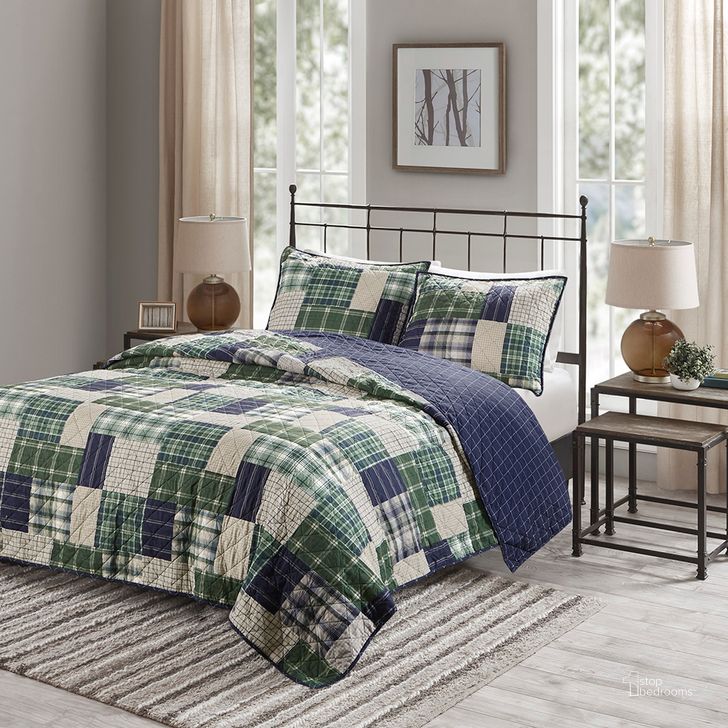 The appearance of Timber Polyester Reversible Printed Queen Coverlet Set In Green / Navy designed by Olliix in the cabin / lodge interior design. This green / navy piece of furniture  was selected by 1StopBedrooms from Timber Collection to add a touch of cosiness and style into your home. Sku: MP13-7524. Bed Size: Queen. Material: Cotton. Product Type: Coverlet Set. Image1