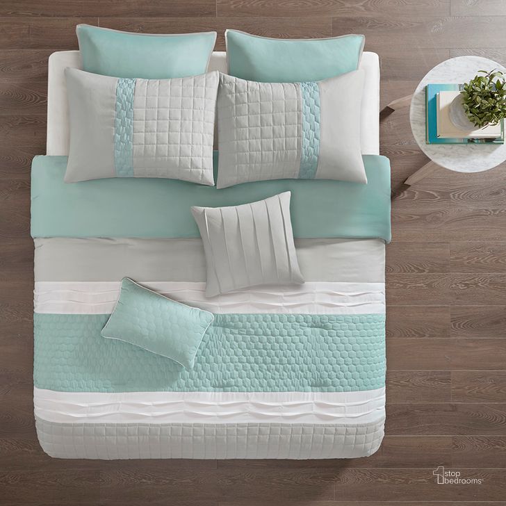 The appearance of Tinsley Polyester Microfiber Pintuck Details Pieced 8Pcs King Comforter Set With Quilting In Seafoam/Grey designed by Olliix in the transitional interior design. This seafoam/grey piece of furniture  was selected by 1StopBedrooms from Tinsley Collection to add a touch of cosiness and style into your home. Sku: 5DS10-0054. Material: Polyester. Bed Size: King. Product Type: Comforter Set. Image1