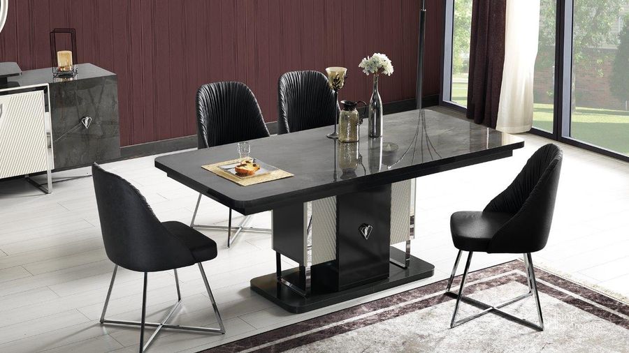 The appearance of Tokyo Dining Room Table In Black designed by Furnia in the modern / contemporary interior design. This black piece of furniture  was selected by 1StopBedrooms from Prespatou Collection to add a touch of cosiness and style into your home. Sku: 115-TOK-DT. Table Base Style: Pedestal. Material: Wood. Product Type: Dining Table. Table Top Shape: Rectangular. Size: 75". Image1