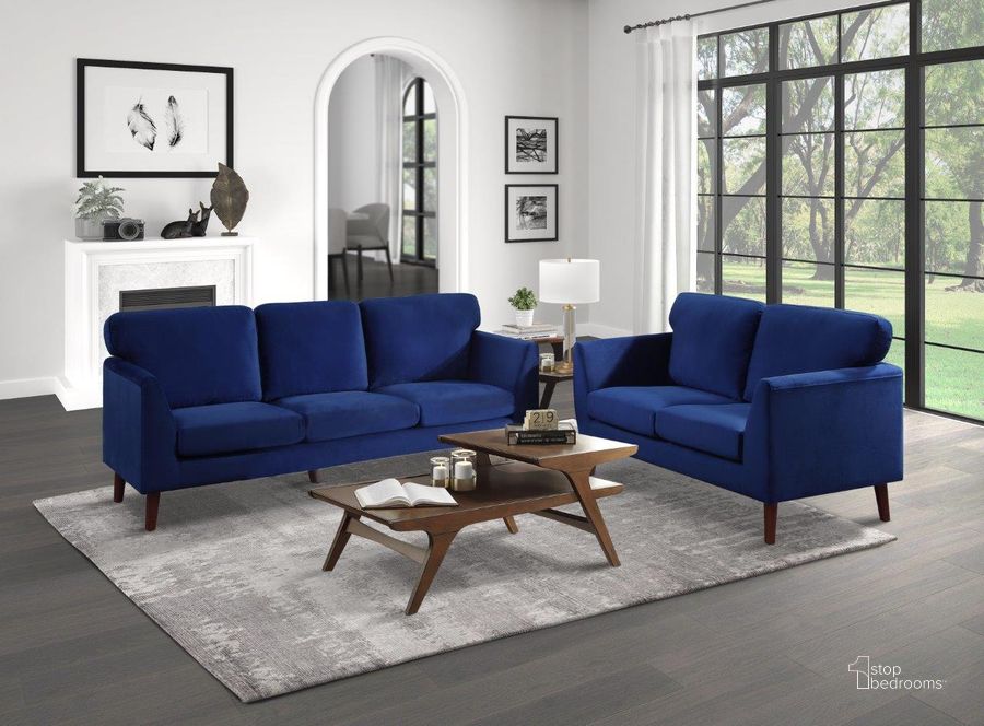 The appearance of Tolley Blue Velvet Living Room Set designed by Homelegance in the modern / contemporary interior design. This blue piece of furniture  was selected by 1StopBedrooms from Tolley Collection to add a touch of cosiness and style into your home. Sku: 9338BU-3;9338BU-2. Material: Wood. Product Type: Living Room Set. Image1