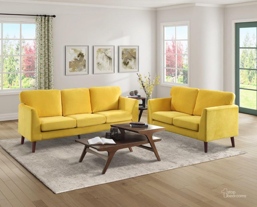 The appearance of Tolley Yellow Velvet Living Room Set designed by Homelegance in the modern / contemporary interior design. This yellow piece of furniture  was selected by 1StopBedrooms from Tolley Collection to add a touch of cosiness and style into your home. Sku: 9338YW-3;9338YW-2. Material: Wood. Product Type: Living Room Set. Image1