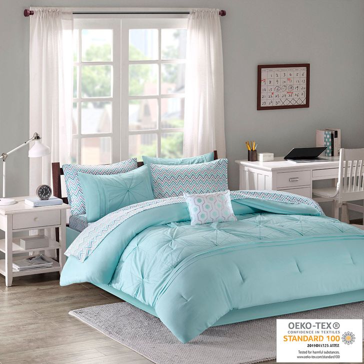 The appearance of Toren Polyester Microfiber Printed 7 Piece Comforter With Twin XL Sheet Set In Aqua designed by Olliix in the transitional interior design. This aqua piece of furniture  was selected by 1StopBedrooms from Toren Collection to add a touch of cosiness and style into your home. Sku: ID10-1233. Material: Polyester. Product Type: Comforter Set. Bed Size: Twin XL. Image1