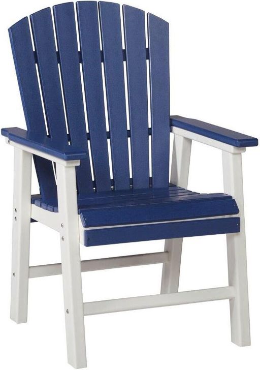 The appearance of Toretto Blue And White Outdoor Dining Arm Chair Set Of 2 designed by Signature Design by Ashley in the modern / contemporary interior design. This blue/white piece of furniture  was selected by 1StopBedrooms from Toretto Collection to add a touch of cosiness and style into your home. Sku: P209-601A. Product Type: Outdoor Dining Chair. Image1