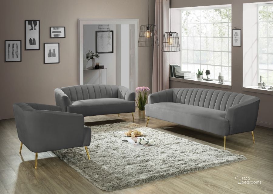 The appearance of Tori Living Room Set (Grey) designed by Meridian in the modern / contemporary interior design. This grey piece of furniture  was selected by 1StopBedrooms from Tori Collection to add a touch of cosiness and style into your home. Sku: 657Grey-S;657Grey-L. Product Type: Living Room Set. Material: Velvet. Image1