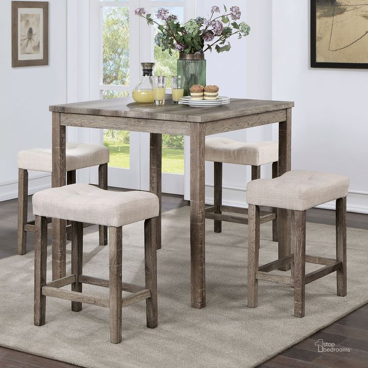 The appearance of Torreon 5 Piece Counter Height Table Set In Gray and Beige designed by Furniture of America in the transitional interior design. This gray and beige piece of furniture  was selected by 1StopBedrooms from Torreon Collection to add a touch of cosiness and style into your home. Sku: CM3582LG-PT-5PK. Material: Wood. Product Type: Dining Room Set. Image1