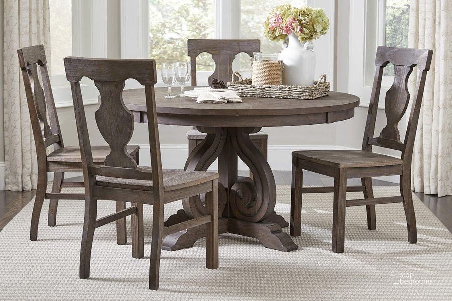 The appearance of Toulon Distressed Dark Oak Round Pedestal Dining Room Set designed by Homelegance in the rustic / southwestern interior design. This brown piece of furniture  was selected by 1StopBedrooms from Toulon Collection to add a touch of cosiness and style into your home. Sku: 5438-54;5438-54B;5438S. Table Base Style: Pedestal. Table Top Shape: Round. Material: Wood. Product Type: Dining Room Set. Size: 54". Image1