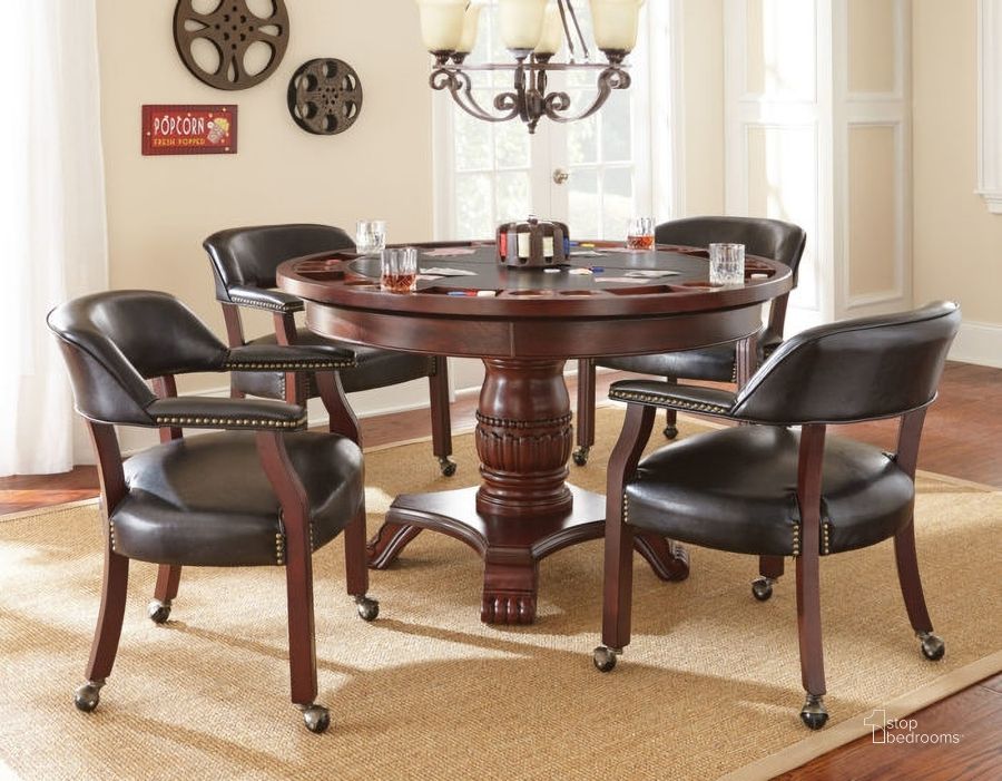 The appearance of Tournament Black Round Folding Game Room Set with Black Chairs designed by Steve Silver in the traditional interior design. This black piece of furniture  was selected by 1StopBedrooms from Tournament Collection to add a touch of cosiness and style into your home. Sku: TU5050T;TU5050B;TU5050GTB;TU500AB. Material: Wood. Product Type: Game Table Set. Image1