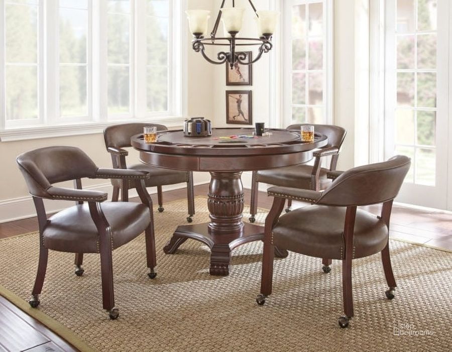 The appearance of Tournament Brown Round Folding Game Room Set with Brown Chairs designed by Steve Silver in the traditional interior design. This brown piece of furniture  was selected by 1StopBedrooms from Tournament Collection to add a touch of cosiness and style into your home. Sku: TU5050GT;TU5050T;TU5050B;TU500A. Material: Wood. Product Type: Game Table Set. Image1