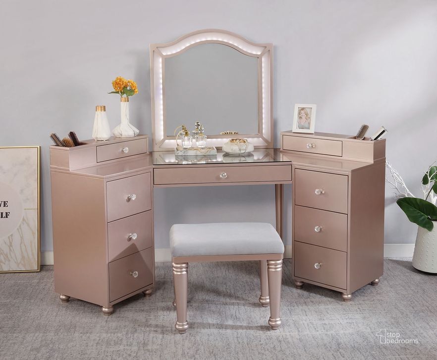 The appearance of Tracie Vanity Set In Tiffany Blush designed by Furniture of America in the glam interior design. This blush piece of furniture  was selected by 1StopBedrooms from Tracie Collection to add a touch of cosiness and style into your home. Sku: FOA-DK5686PK-1;FOA-DK5686PK-2;FOA-DK5686PK-3. Material: Wood. Product Type: Vanity Set. Image1