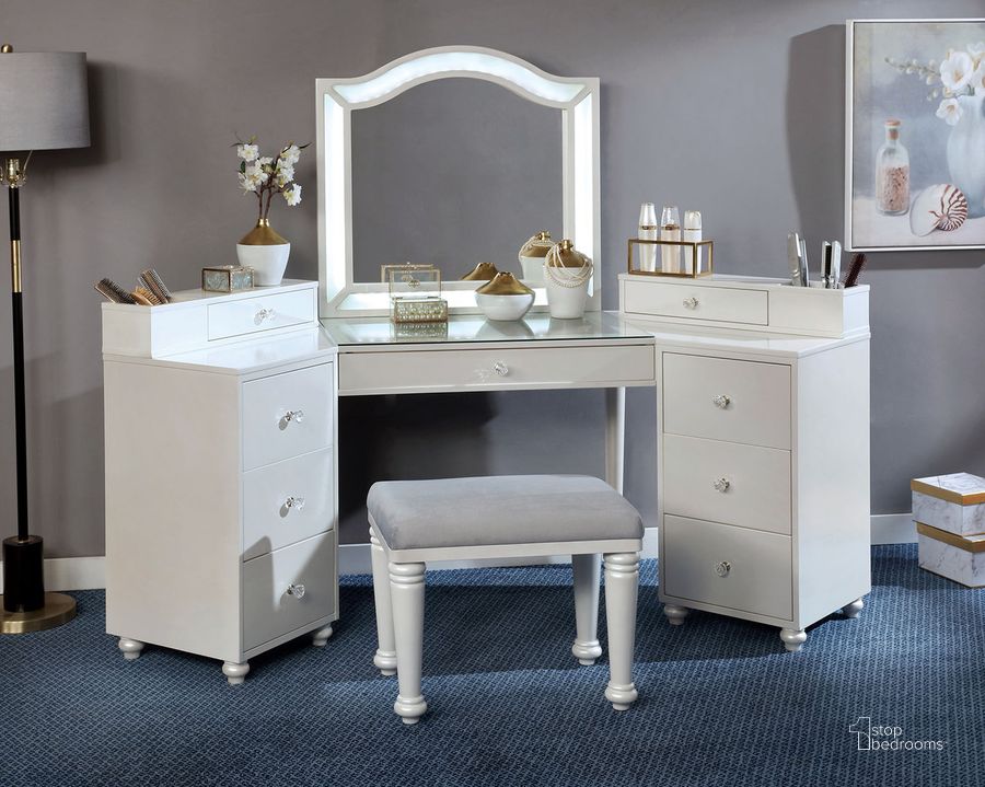The appearance of Tracie Vanity Set In White designed by Furniture of America in the glam interior design. This white piece of furniture  was selected by 1StopBedrooms from Tracie Collection to add a touch of cosiness and style into your home. Sku: FOA-DK5686WH-1;FOA-DK5686WH-2;FOA-DK5686WH-3. Material: Wood. Product Type: Vanity Set. Image1