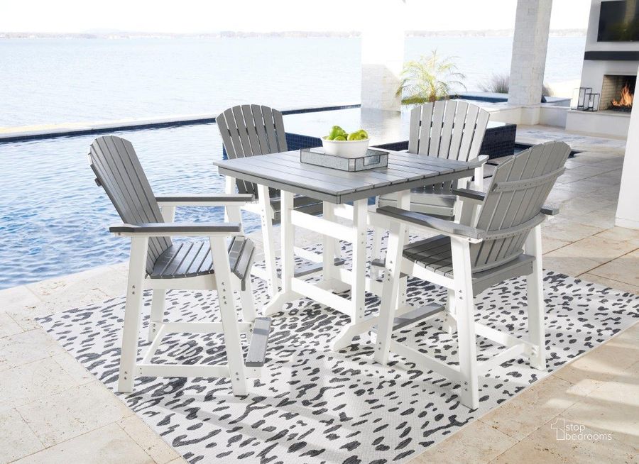 The appearance of Transville Gray And White Outdoor Counter Height Dining Set designed by Signature Design by Ashley in the transitional interior design. This gray and white piece of furniture  was selected by 1StopBedrooms from Transville Collection to add a touch of cosiness and style into your home. Sku: P210-632;P210-124. Table Top Shape: Square. Product Type: Outdoor Dining Set. Image1