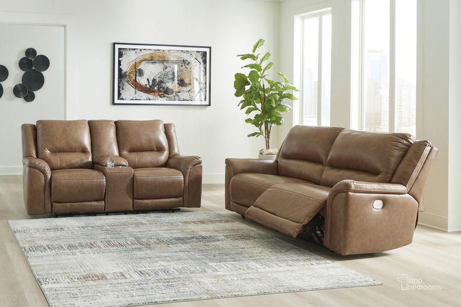 The appearance of Trasimeno Power Reclining Living Room Set In Caramel designed by Signature Design by Ashley in the modern / contemporary interior design. This caramel piece of furniture  was selected by 1StopBedrooms from Trasimeno Collection to add a touch of cosiness and style into your home. Sku: U8281547;U8281518. Product Type: Living Room Set. Image1
