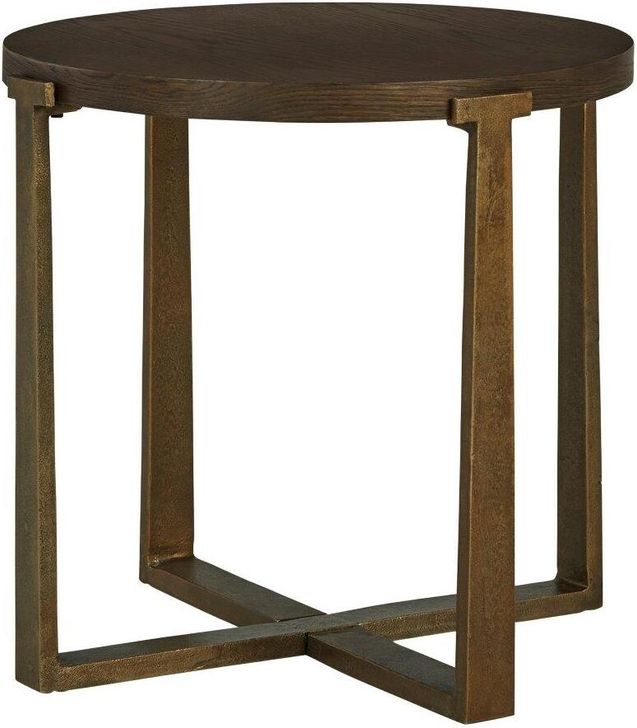 The appearance of Trevola Brown/Gold End Table 0qd24494715 designed by Artisan Elegance in the modern / contemporary interior design. This brown/gold piece of furniture  was selected by 1StopBedrooms from Trevola Collection to add a touch of cosiness and style into your home. Sku: T967-6. Material: Metal. Product Type: End Table. Image1