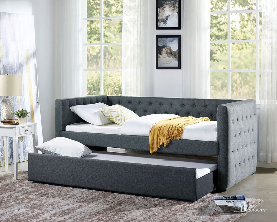 The appearance of Tricia Twin Daybed With Trundle In Gray designed by Furniture of America in the transitional interior design. This gray piece of furniture  was selected by 1StopBedrooms from Tricia Collection to add a touch of cosiness and style into your home. Sku: CM1747-1;CM1747-2. Bed Type: Daybed. Material: Wood. Product Type: DayBed. Bed Size: Twin.