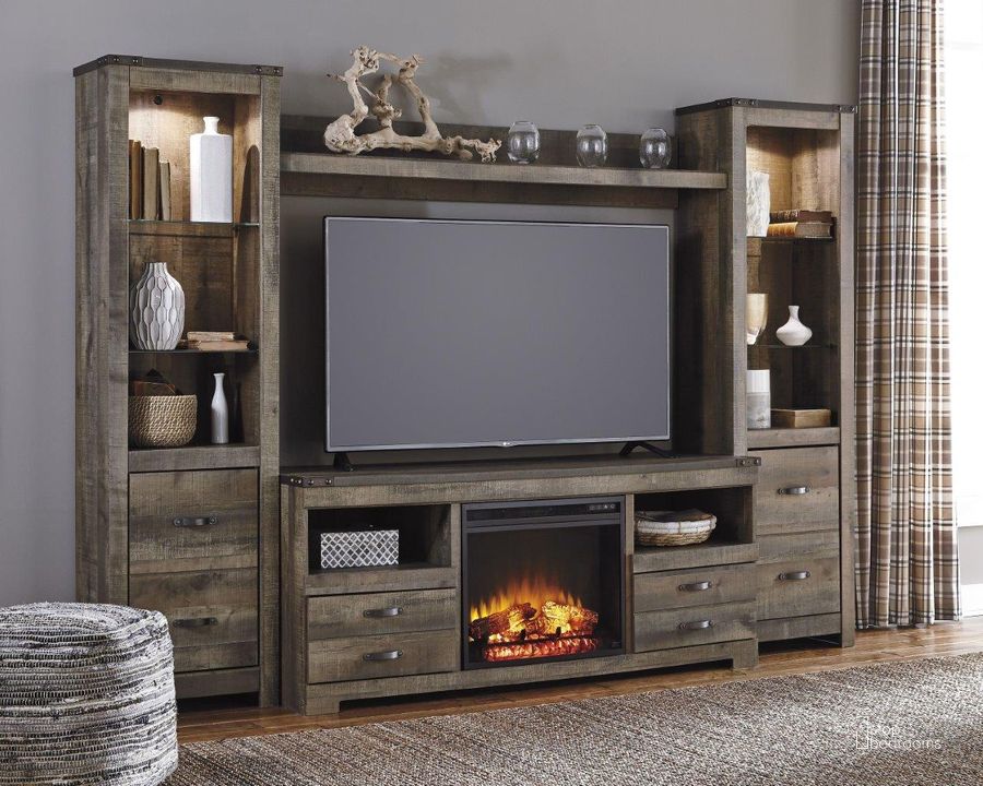 The appearance of Trinell Brown 5 Piece Entertainment Wall Unit with Fireplace designed by Signature Design by Ashley in the industrial interior design. This brown piece of furniture  was selected by 1StopBedrooms from Trinell Collection to add a touch of cosiness and style into your home. Sku: W446-24;W446-24;W446-27;W446-68;W100-101. Material: Wood. Product Type: Entertainment Wall. Image1