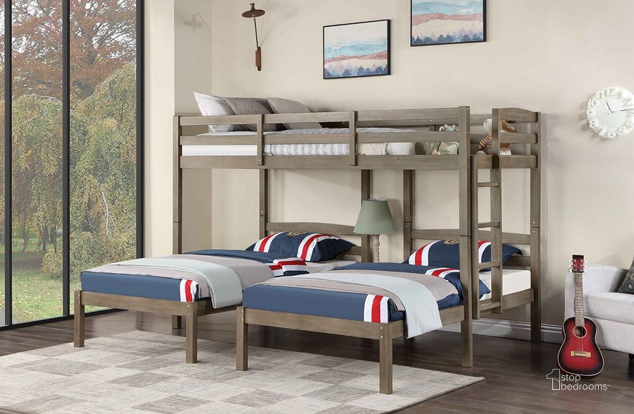 The appearance of Triple Twin Bunk Bed In Warm Gray designed by Furniture of America in the transitional interior design. This warm gray piece of furniture  was selected by 1StopBedrooms from  to add a touch of cosiness and style into your home. Sku: FOA-BK659GY-1;FOA-BK659GY-2;FOA-BK659GY-3. Bed Type: Bunk Bed. Material: Wood. Product Type: Bunk Bed. Bed Size: Twin Over Twin.