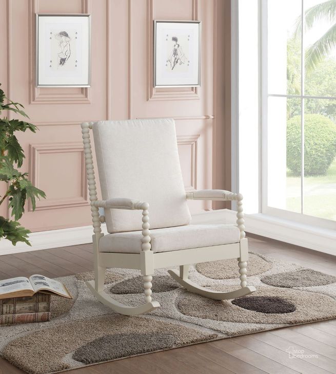 The appearance of Tristin Rocking Chair In Cream Fabric And White designed by ACME in the transitional interior design. This white piece of furniture  was selected by 1StopBedrooms from Tristin Collection to add a touch of cosiness and style into your home. Sku: 59524. Material: Wood. Product Type: Accent Chair.