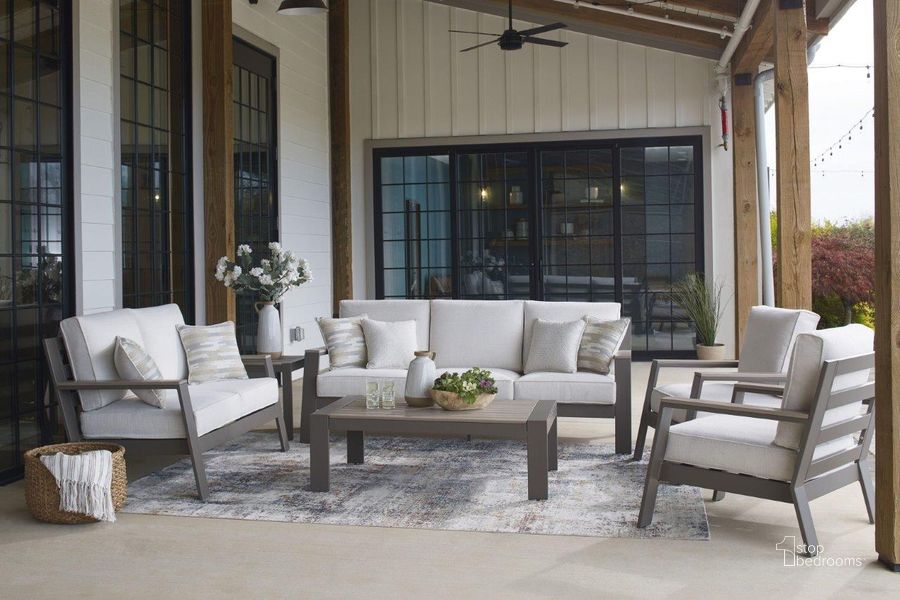 The appearance of Tropicava Taupe And White Outdoor Conversation Set designed by Signature Design by Ashley in the transitional interior design. This white and taupe piece of furniture  was selected by 1StopBedrooms from Tropicava Collection to add a touch of cosiness and style into your home. Sku: P514-838;P514-835. Product Type: Outdoor Conversation Set. Image1