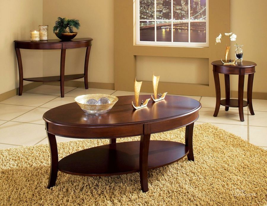 The appearance of Troy Medium Brown Cherry Occasional Table Set designed by Steve Silver in the transitional interior design. This brown piece of furniture  was selected by 1StopBedrooms from Troy Collection to add a touch of cosiness and style into your home. Sku: TY100C;TY100E. Material: Wood. Product Type: Occasional Table Set. Image1