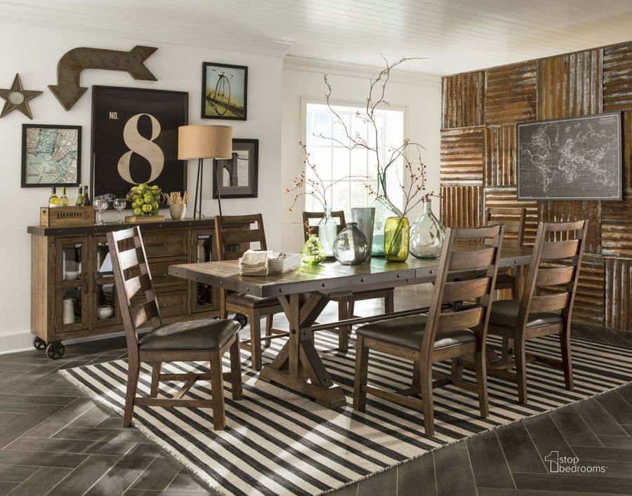 The appearance of Taos Canyon Trestle Base Dining Room Set designed by Intercon in the transitional interior design. This brown piece of furniture  was selected by 1StopBedrooms from Taos Collection to add a touch of cosiness and style into your home. Sku: TS-TA-4299-CYB-C;TS-CH-489C-CYB-RTA. Table Base Style: Trestle. Product Type: Dining Room Set. Table Top Shape: Rectangular. Image1