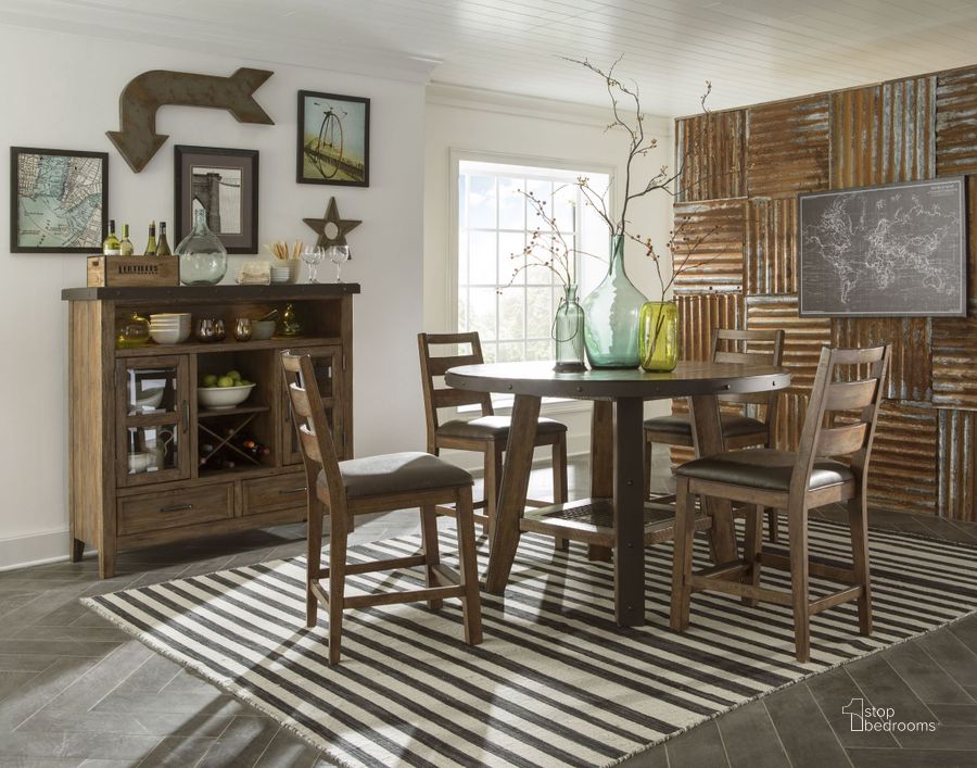 The appearance of Taos 55" Round Gathering Dining Room Set designed by Intercon in the transitional interior design. This brown piece of furniture  was selected by 1StopBedrooms from Taos Collection to add a touch of cosiness and style into your home. Sku: TS-TA-5555G-CYB-C;TS-BS-489C-CYB-K24. Table Base Style: Trestle. Table Top Shape: Round. Product Type: Dining Room Set. Image1