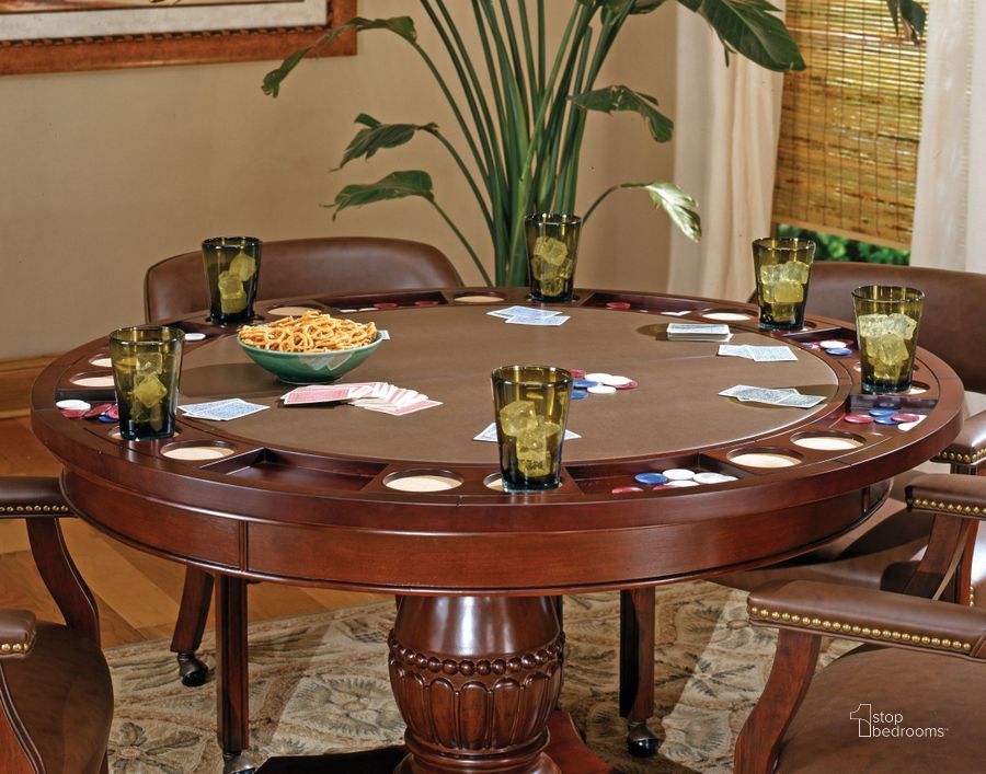 The appearance of Tournament Dining and Game Table In Brown designed by Steve Silver in the traditional interior design. This brown piece of furniture  was selected by 1StopBedrooms from Tournament Collection to add a touch of cosiness and style into your home. Sku: TU5050GT;TU5050T;TU5050B. Table Base Style: Pedestal. Table Top Shape: Round. Product Type: Dining Table. Material: MDF. Image1