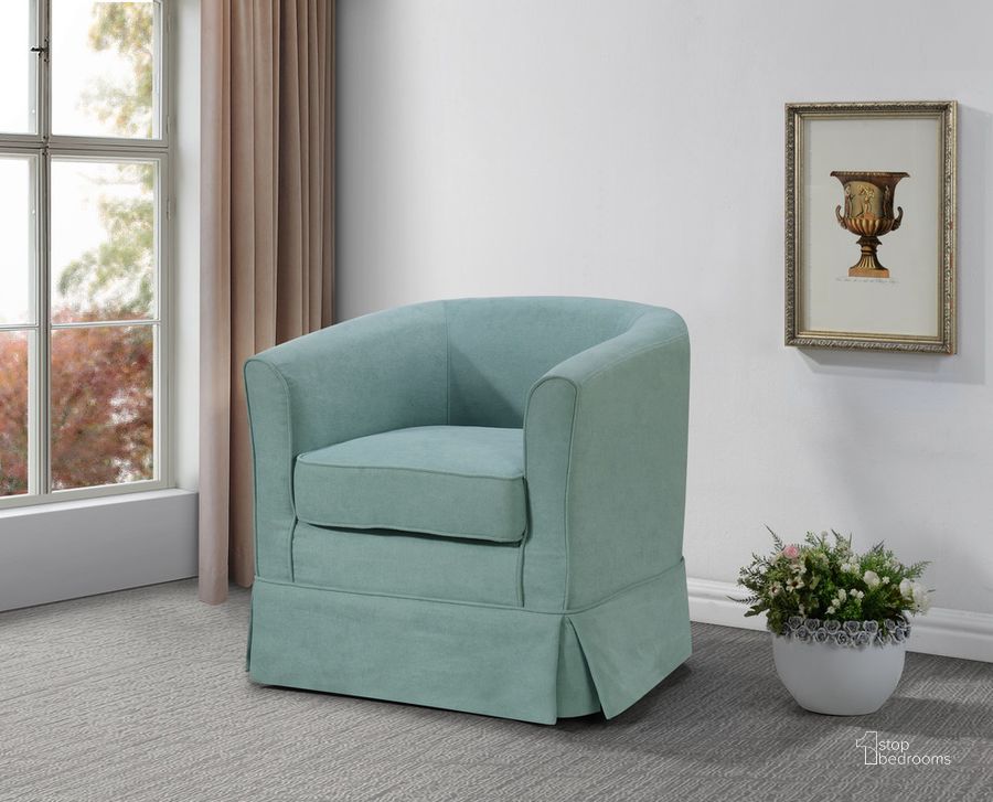 The appearance of Tucker Aquamarine Teal Woven Fabric Swivel Barrel Chair designed by Lilola Home in the modern / contemporary interior design. This teal piece of furniture  was selected by 1StopBedrooms from Tucker Collection to add a touch of cosiness and style into your home. Sku: 88869TL. Material: Wood. Product Type: Swivel Chair. Image1