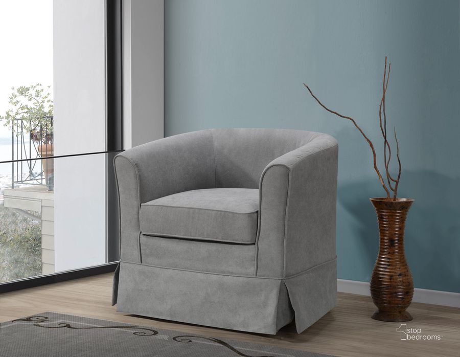 The appearance of Tucker Steel Gray Woven Fabric Swivel Barrel Chair designed by Lilola Home in the modern / contemporary interior design. This steel gray piece of furniture  was selected by 1StopBedrooms from Tucker Collection to add a touch of cosiness and style into your home. Sku: 88869MG. Material: Wood. Product Type: Swivel Chair. Image1