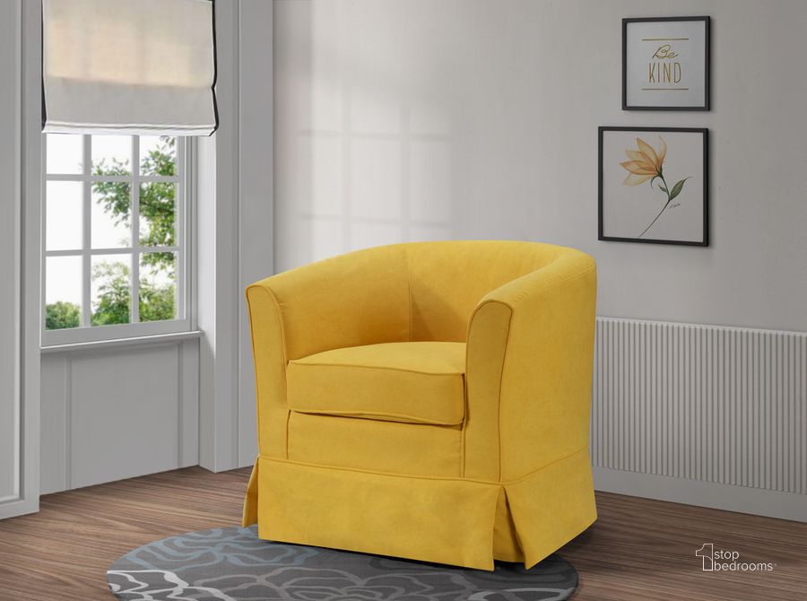 The appearance of Tucker Yellow Woven Fabric Swivel Barrel Chair designed by Lilola Home in the modern / contemporary interior design. This yellow piece of furniture  was selected by 1StopBedrooms from Tucker Collection to add a touch of cosiness and style into your home. Sku: 88869YW. Material: Wood. Product Type: Swivel Chair. Image1