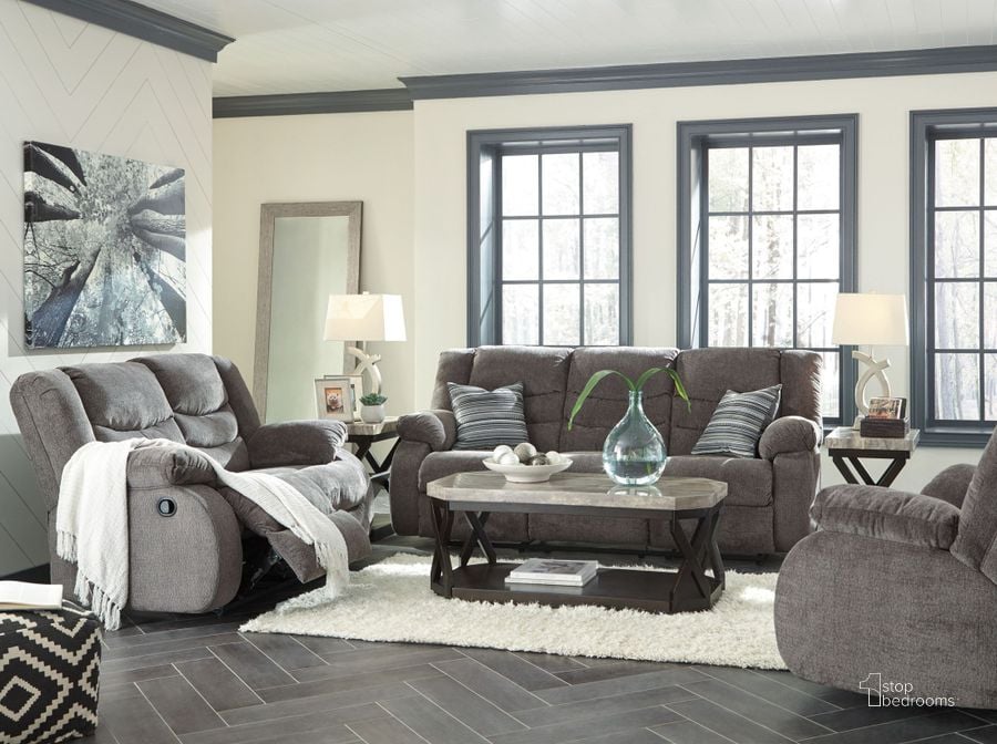 The appearance of Tulen Reclining Living Room Set In Gray designed by Signature Design by Ashley in the modern / contemporary interior design. This gray piece of furniture  was selected by 1StopBedrooms from Tulen Collection to add a touch of cosiness and style into your home. Sku: 9860688;9860686. Material: Fabric. Product Type: Living Room Set. Image1
