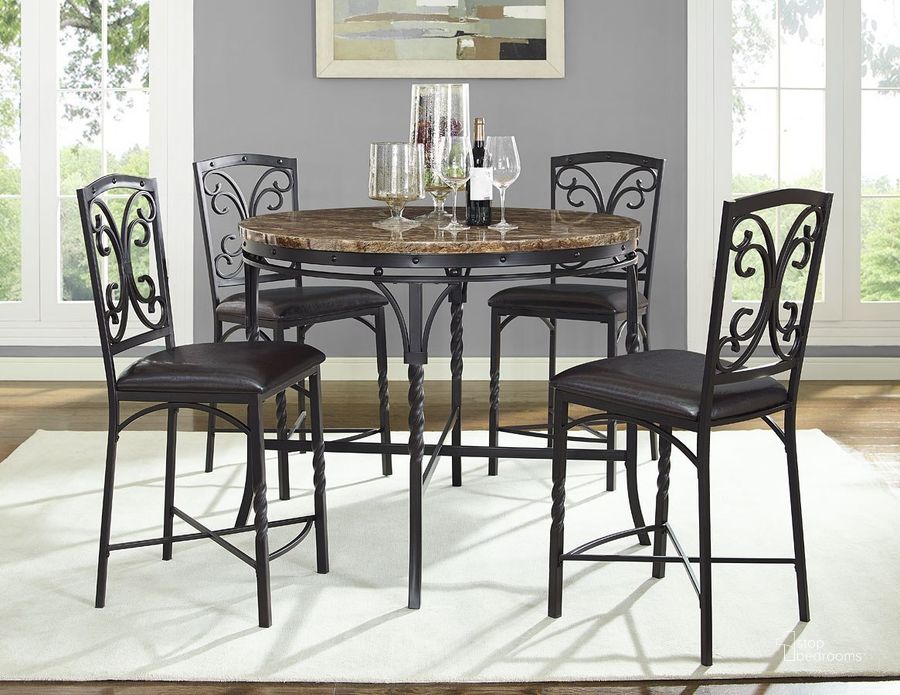 The appearance of Tuscan Counter Height Dining Room Set designed by Bernards in the traditional interior design. This black piece of furniture  was selected by 1StopBedrooms from Tuscan Collection to add a touch of cosiness and style into your home. Sku: 4552;4553. Table Base Style: Trestle. Table Top Shape: Round. Material: Metal. Product Type: Dining Room Set. Size: 45". Image1