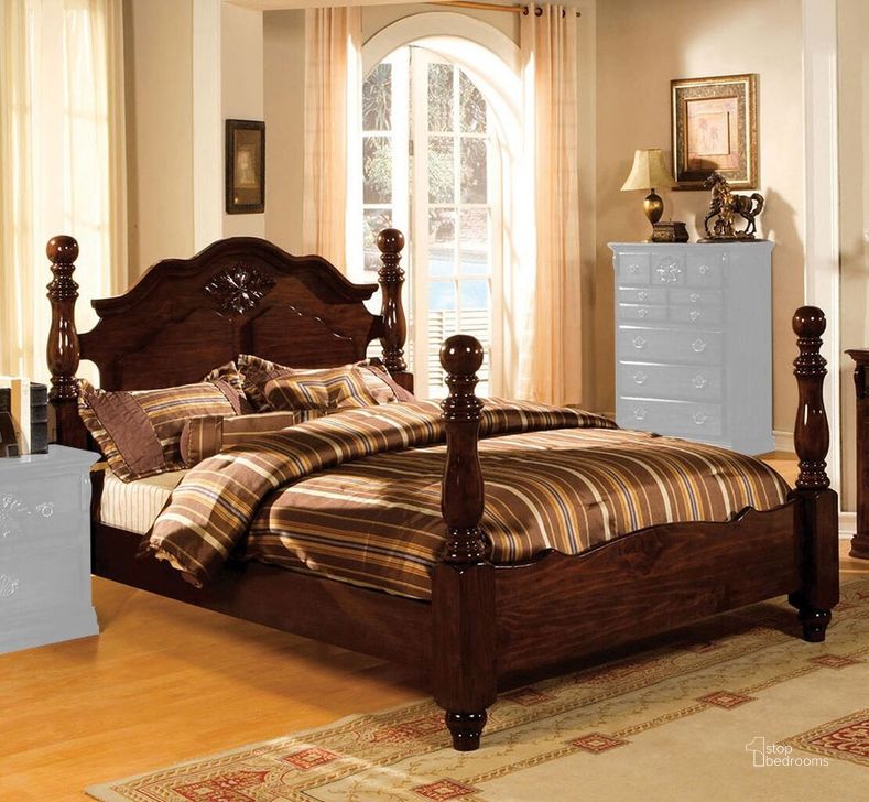 The appearance of Tuscan II Glossy Dark Pine Queen Poster Bed designed by Furniture of America in the traditional interior design. This brown piece of furniture  was selected by 1StopBedrooms from Tuscan Collection to add a touch of cosiness and style into your home. Sku: CM7571Q-HB;CM7571Q-FB;CM7571Q-R. Bed Type: Poster Bed. Material: Wood. Product Type: Poster Bed. Bed Size: Queen. Image1