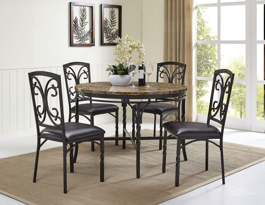 The appearance of Tuscan Round Dining Room Set designed by Bernards in the traditional interior design. This black piece of furniture  was selected by 1StopBedrooms from Tuscan Collection to add a touch of cosiness and style into your home. Sku: 4550;4551. Table Base Style: Trestle. Table Top Shape: Round. Material: Metal. Product Type: Dining Room Set. Image1