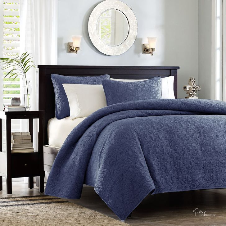 The appearance of Tuscany Polyester Microfiber Quilted Queen Coverlet Mini Set In Navy designed by Olliix in the transitional interior design. This navy piece of furniture  was selected by 1StopBedrooms from Quebec Collection to add a touch of cosiness and style into your home. Sku: MP13-1686. Bed Size: Queen. Material: Cotton. Product Type: Coverlet Set. Image1