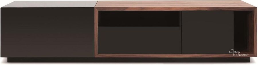 The appearance of TV Stand 047 in Black High Gloss and Walnut designed by J&M in the modern / contemporary interior design. This walnut and black piece of furniture  was selected by 1StopBedrooms from  to add a touch of cosiness and style into your home. Sku: 17875. Product Type: TV Stand.