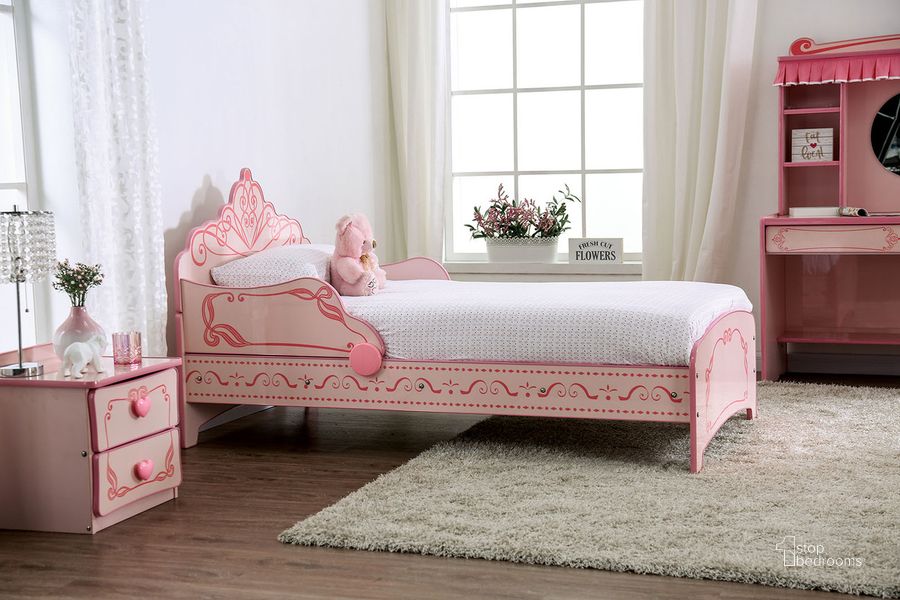 The appearance of Twin Bed In Pink designed by Furniture of America in the traditional interior design. This pink piece of furniture  was selected by 1StopBedrooms from  to add a touch of cosiness and style into your home. Sku: CM7632-1;CM7632-2;CM7632-3. Bed Size: Twin. Material: MDF. Product Type: Novelty Bed. Bed Type: Novelty Bed. Image1