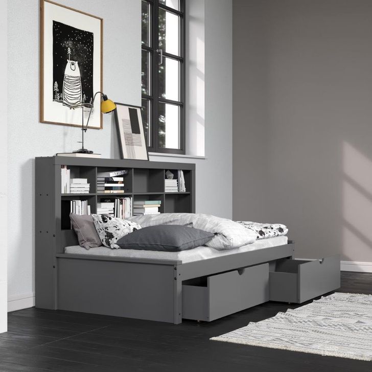The appearance of Twin Bookcase Daybed With Drawers In Dark Grey designed by DONCO kids in the modern / contemporary interior design. This dark grey piece of furniture  was selected by 1StopBedrooms from  to add a touch of cosiness and style into your home. Sku: 1733A-TDG;1733B-TDG;505-DG. Bed Type: Daybed. Material: Wood. Product Type: DayBed. Bed Size: Twin. Image1
