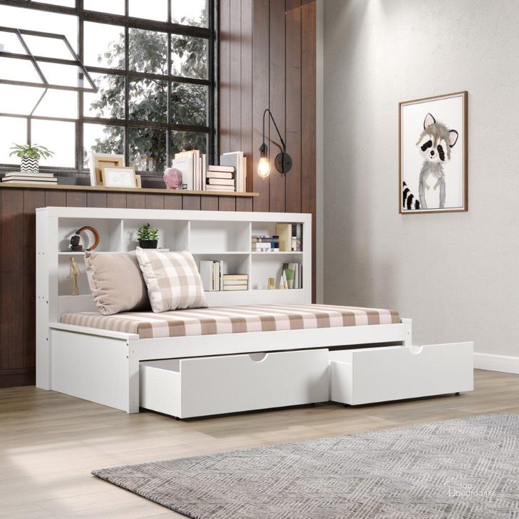 The appearance of Twin Bookcase Daybed With Drawers In White designed by DONCO kids in the modern / contemporary interior design. This white piece of furniture  was selected by 1StopBedrooms from  to add a touch of cosiness and style into your home. Sku: 1733A-TW;1733B-TW;505-W. Bed Type: Daybed. Material: Wood. Product Type: DayBed. Bed Size: Twin. Image1